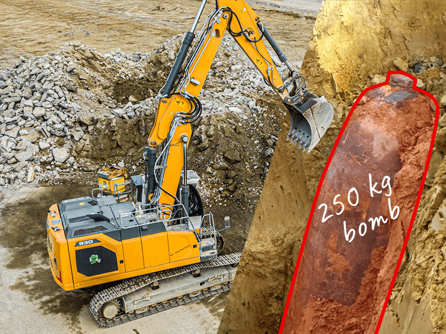 Kampfmittelräumung mit schwerem Gerät - ein Bagger legt eine 250 kg Bombe frei